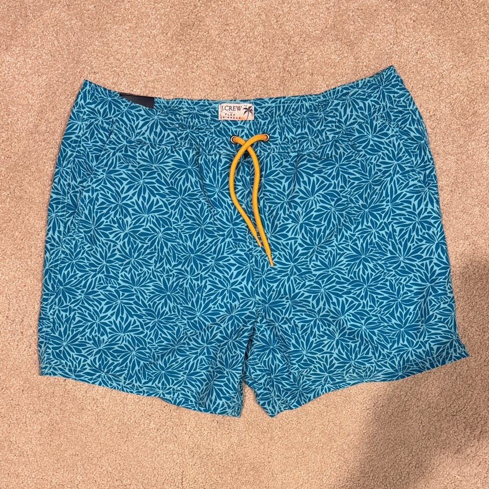 J. Crew Teal Patterned Swim Trunks with Orange Drawstring